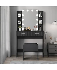 Homfan Makeup Vanity Desk with Mirror 12 Led Lights, Power Outlet, 2 Drawers, 6 Shelves, Hair Dryer Holder and Stool for Bedroom