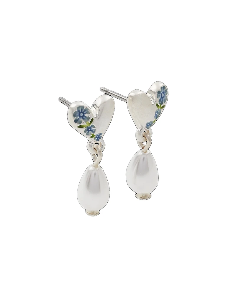 Fable England Forget-Me-Not Heart And Pearl Earrings Silver