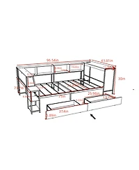 Lucky One Corner Bed Frame Full Size with Bookcase and 2 Underbed Storage Drawers