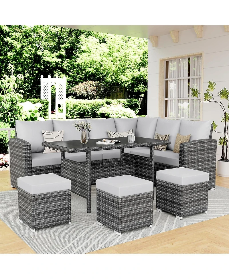 gaomon 7-Piece Outdoor Wicker Sectional Dining Set with Cushions and Storage