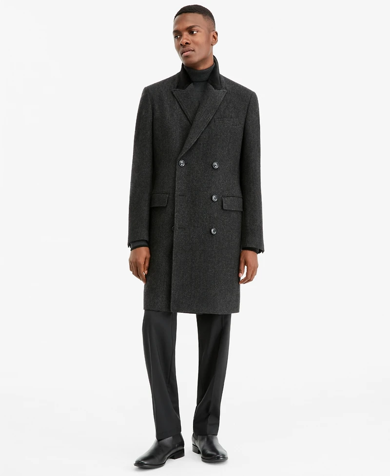 Ted by Ted Baker Men's Modern-Fit Herringbone Charcoal Overcoat