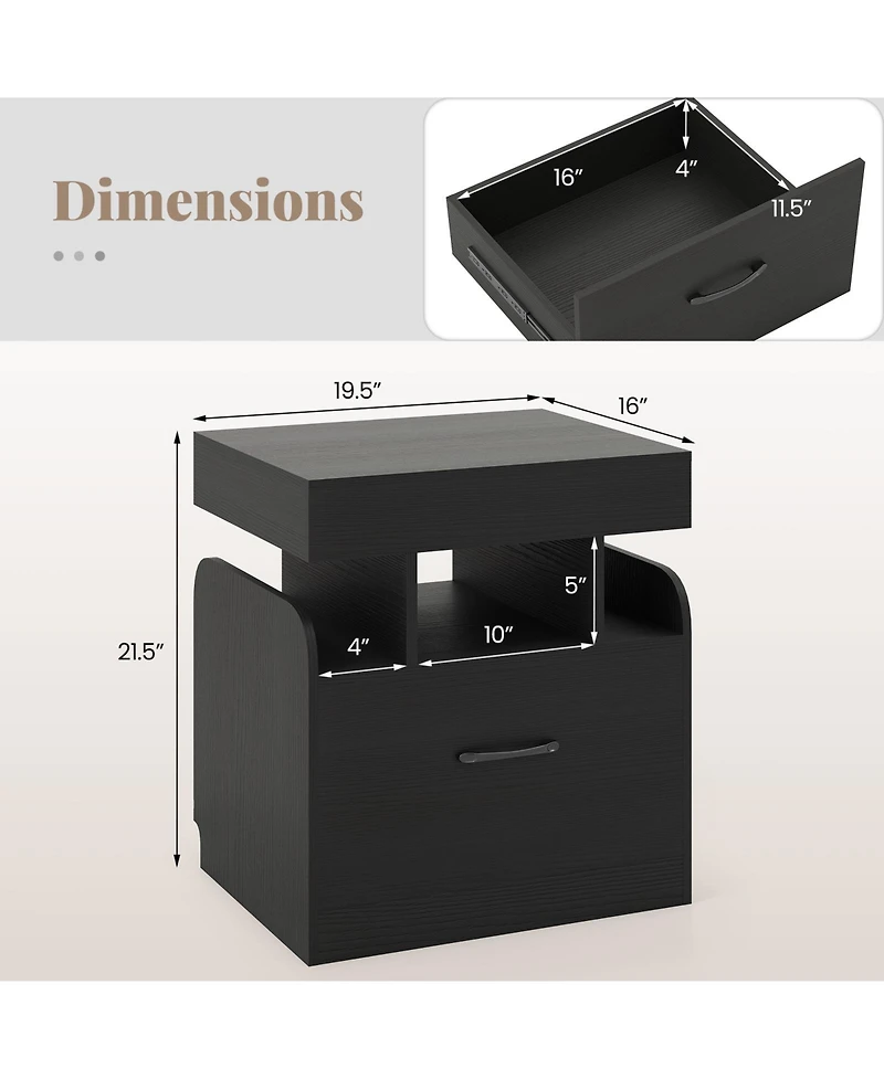Gymax 2-Piece Nightstand with Charging Station Drawer Sliding Top Storage Tray Open Shelves