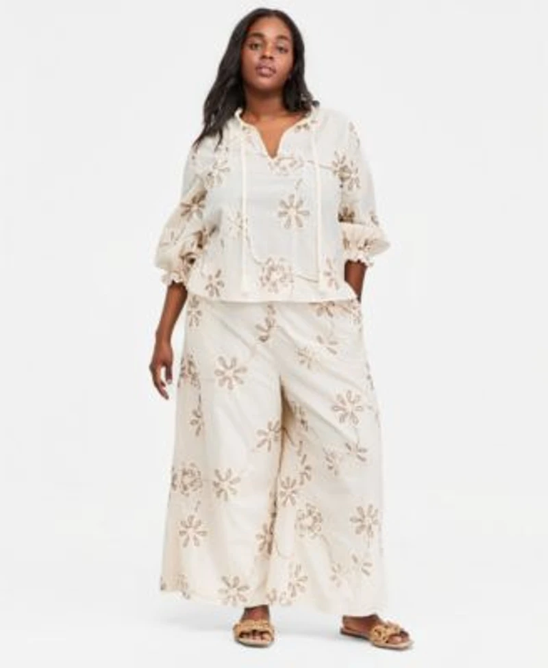 Vince Camuto Plus Size Split Neck Tie Blouse Elastic Waist Pants With Angled Hem