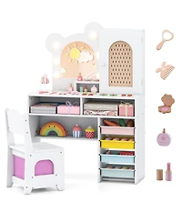 Gouun Kids Vanity Table and Chair Set with Led Lights and 5 Drawers