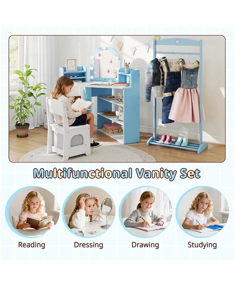 Gouun 2-in-1 Corner Kids Vanity Set with Led Lights and Chair