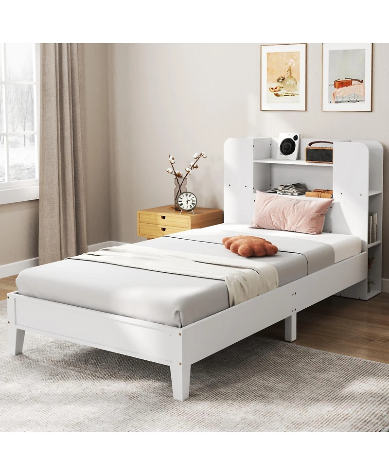 Gouun Wooden Platform Bed Frame with Bookcase Storage Headboard