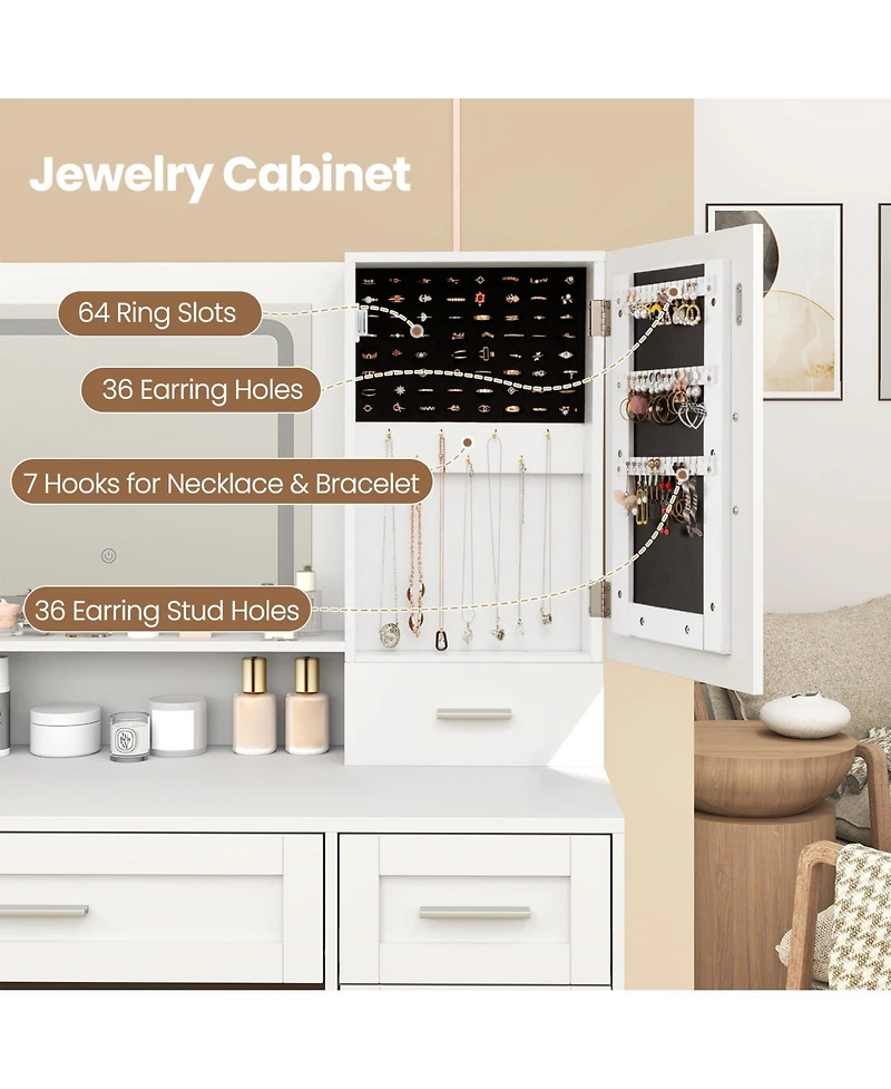 Gouun Makeup Vanity Desk with Led Lighted Mirror, Jewelry Cabinet and Stool Set