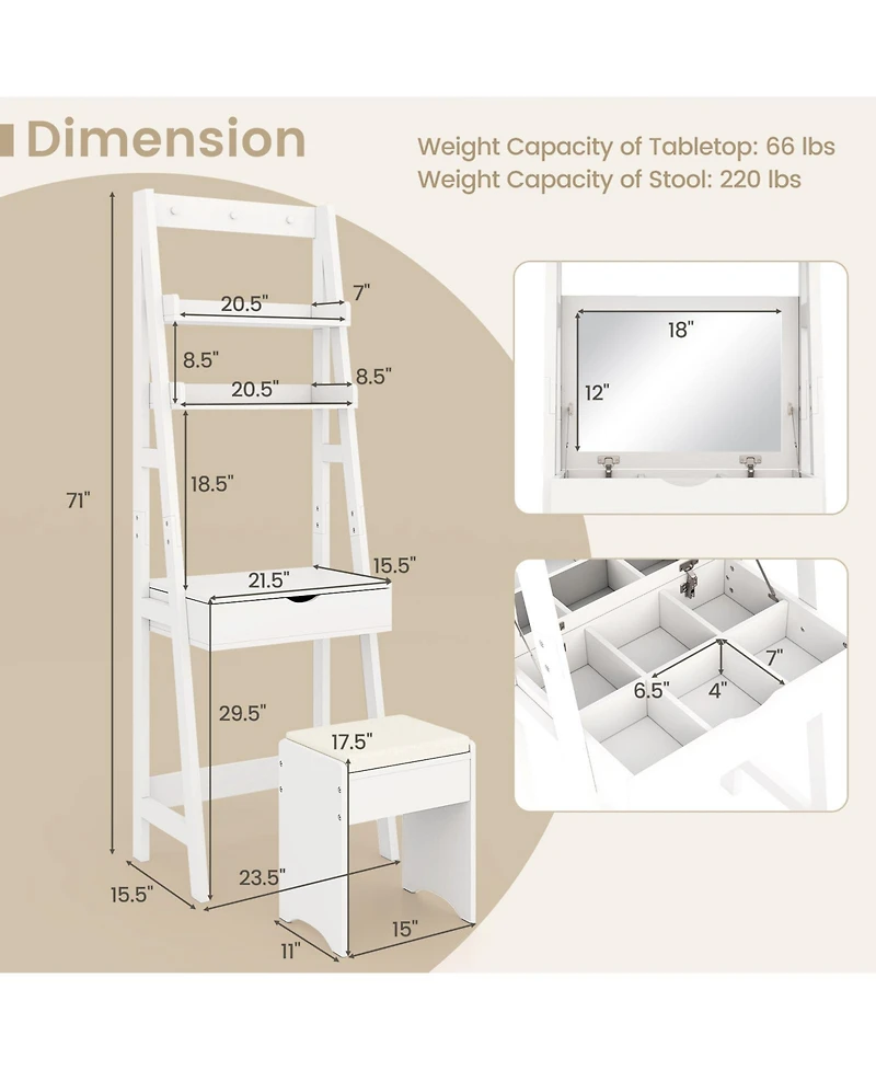 Gouun Flip Top Vanity Desk Set with Hidden Storage and Cushioned Stool