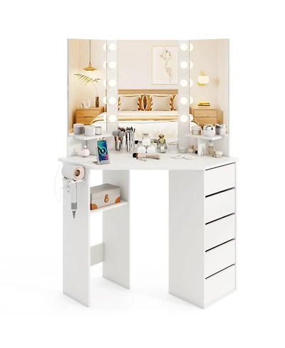 Gouun Corner Vanity Desk with 3-Color Led Mirror, 5 Drawers and Power Outlet
