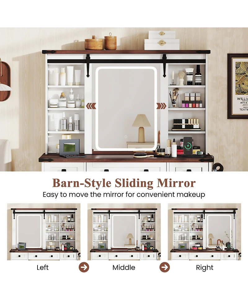 Gouun Farmhouse Vanity Desk with Barn-Style Sliding Mirror and 3 Lighting Modes