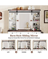 Gouun Farmhouse Vanity Desk with Barn-Style Sliding Mirror and 3 Lighting Modes