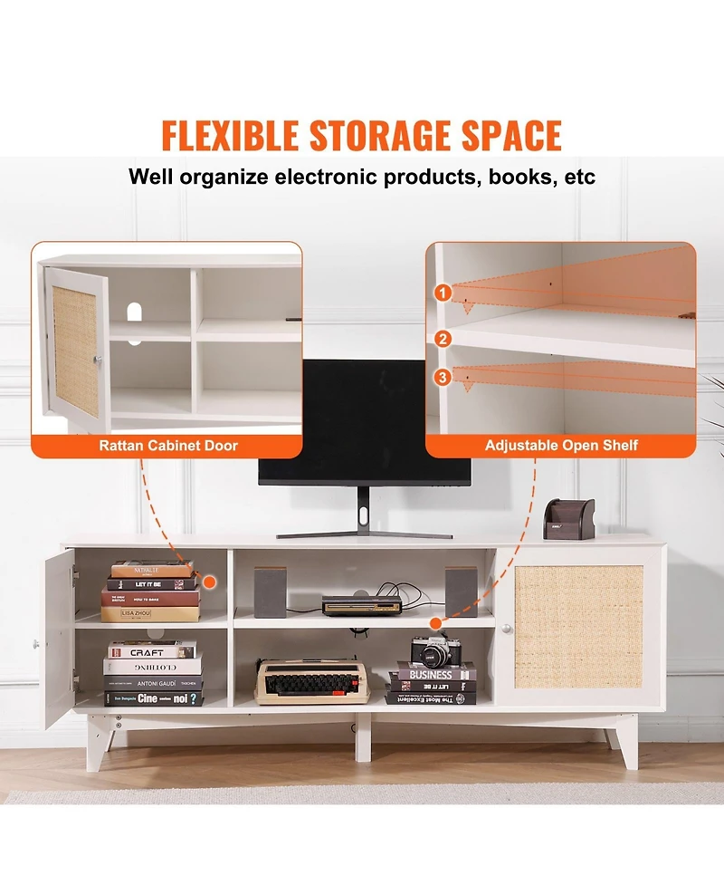 Gouun Boho Rattan Door 66-Inch Tv Stand with Built-In Power Outlets