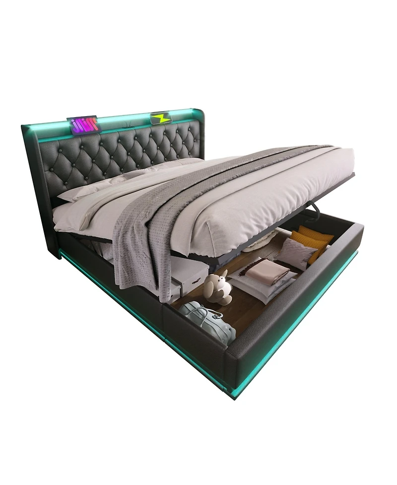 Lucky One Queen Upholstered 360 Surround Led Light App & Remote Control Platform Bed Frame