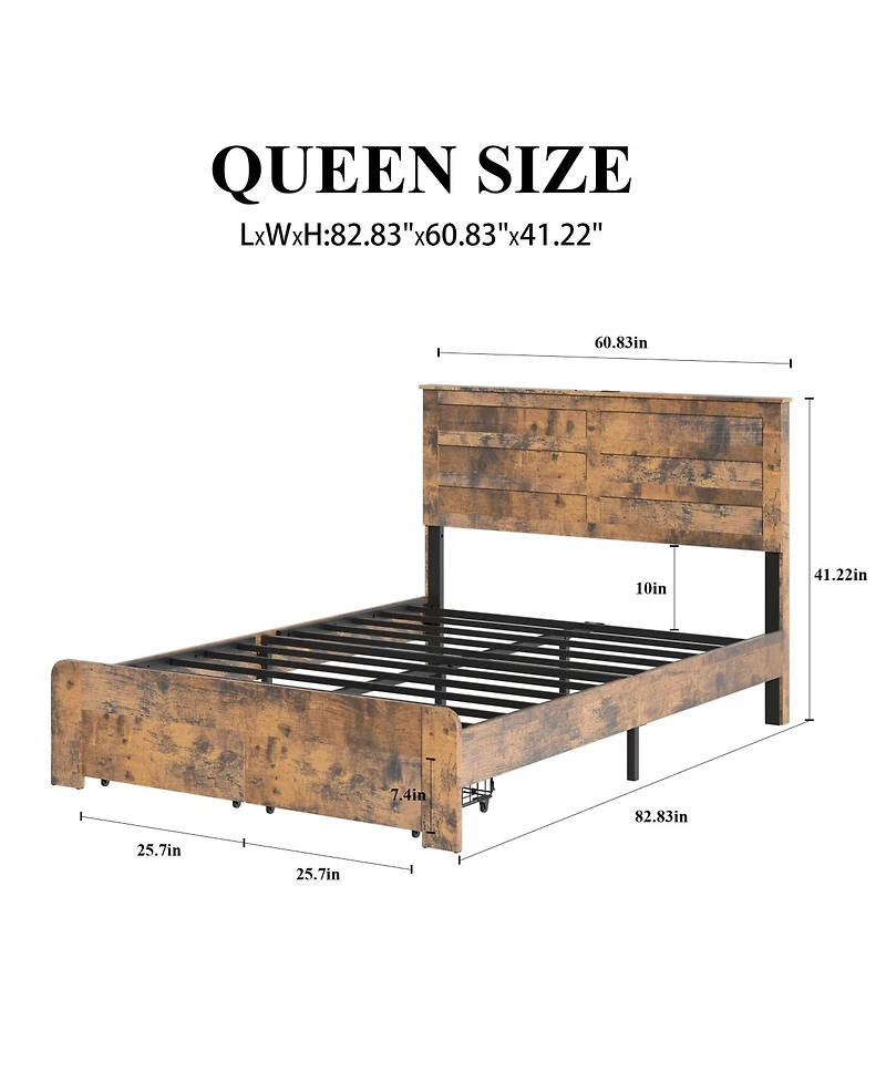 Lucky One Queen -size bed frame with 2 storage drawers and 2 Usb ports