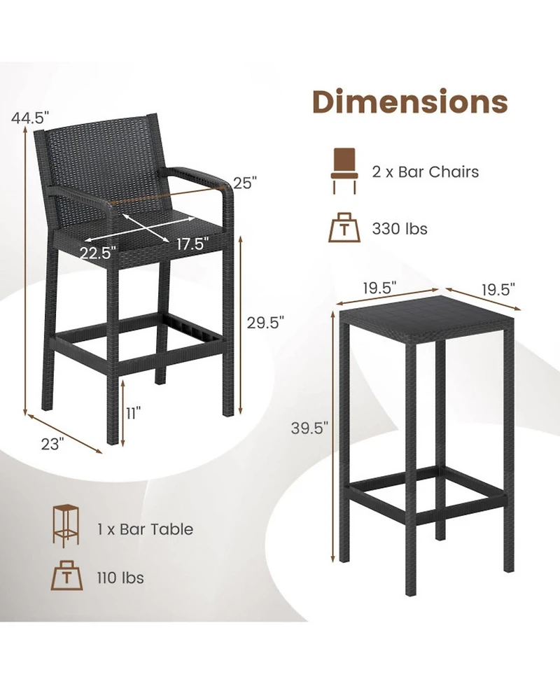 Gouun 3-Piece Outdoor Patio Bar Set with Pp Stools Featuring Integrated Armrests