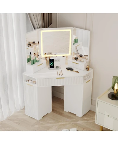 Homfan Corner Vanity, Vanity Desk with Mirror and Lights, Fluted Makeup Table Charging Station, Drawers, Storage Cabinets