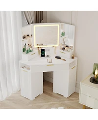 Homfan Corner Vanity, Vanity Desk with Mirror and Lights, Fluted Makeup Table Charging Station, Drawers, Storage Cabinets