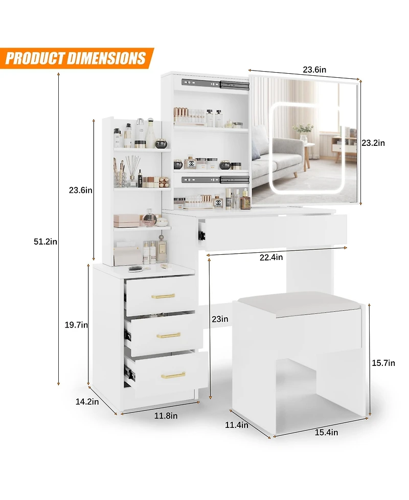 Homfan Modern Vanity Desk with Sliding Led Mirror, 4 Drawers, Power Outlet, Storage Shelves, Adjustable Lighting, Cushioned Stool