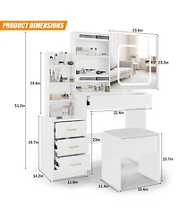 Homfan Modern Vanity Desk with Sliding Led Mirror, 4 Drawers, Power Outlet, Storage Shelves, Adjustable Lighting, Cushioned Stool