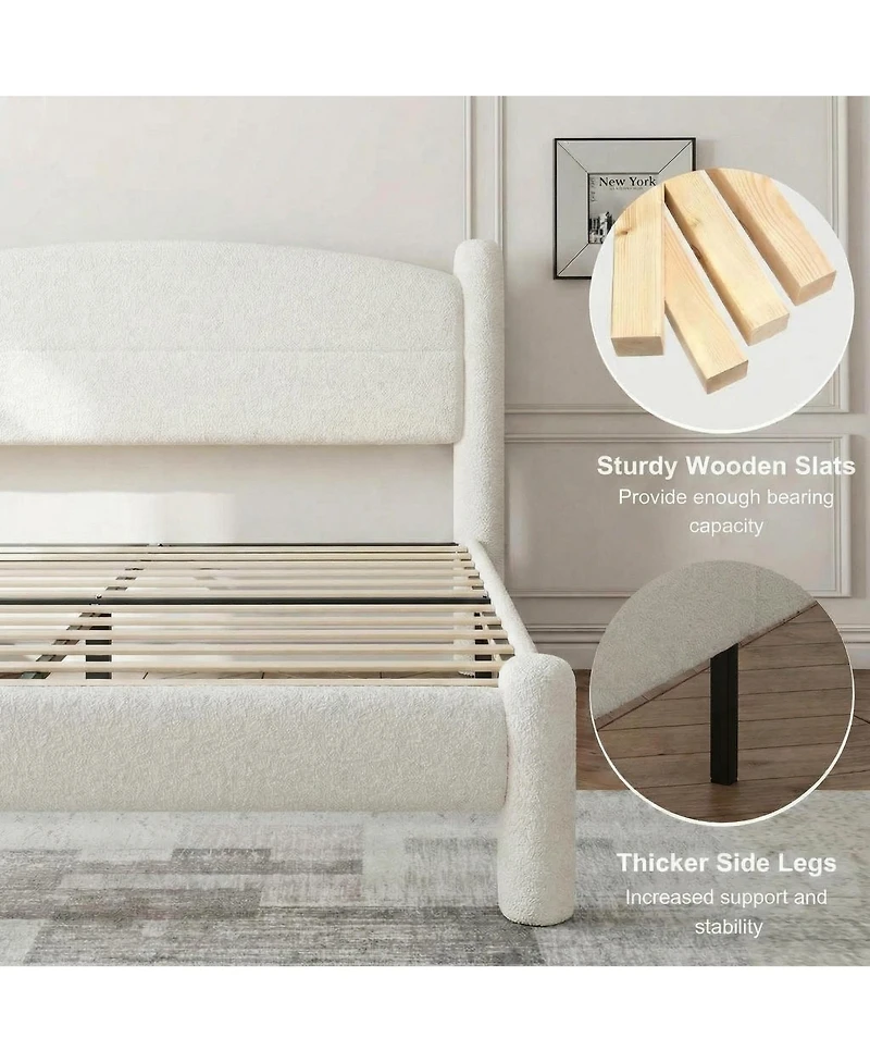 Homfan Boucle Bed Frame, Upholstered Platform Cloud Bed with Soft Round Headboard, Heavy Duty and Noise Free, No Box Spring Needed