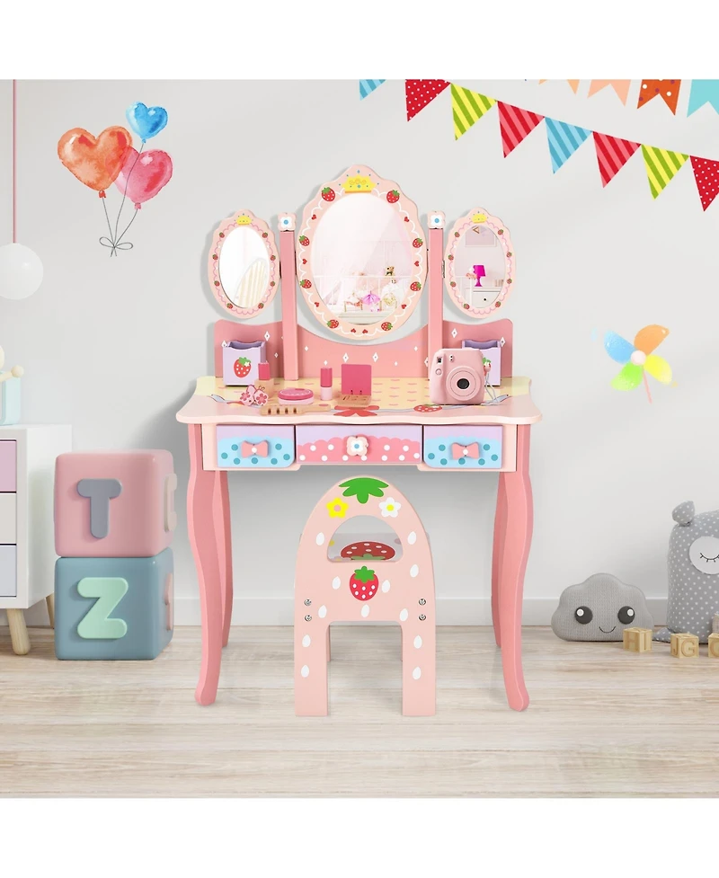 Gouun Kids Tri-Fold Mirror Vanity Table and Chair Set with 3 Drawers