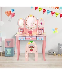 Gouun Kids Tri-Fold Mirror Vanity Table and Chair Set with 3 Drawers