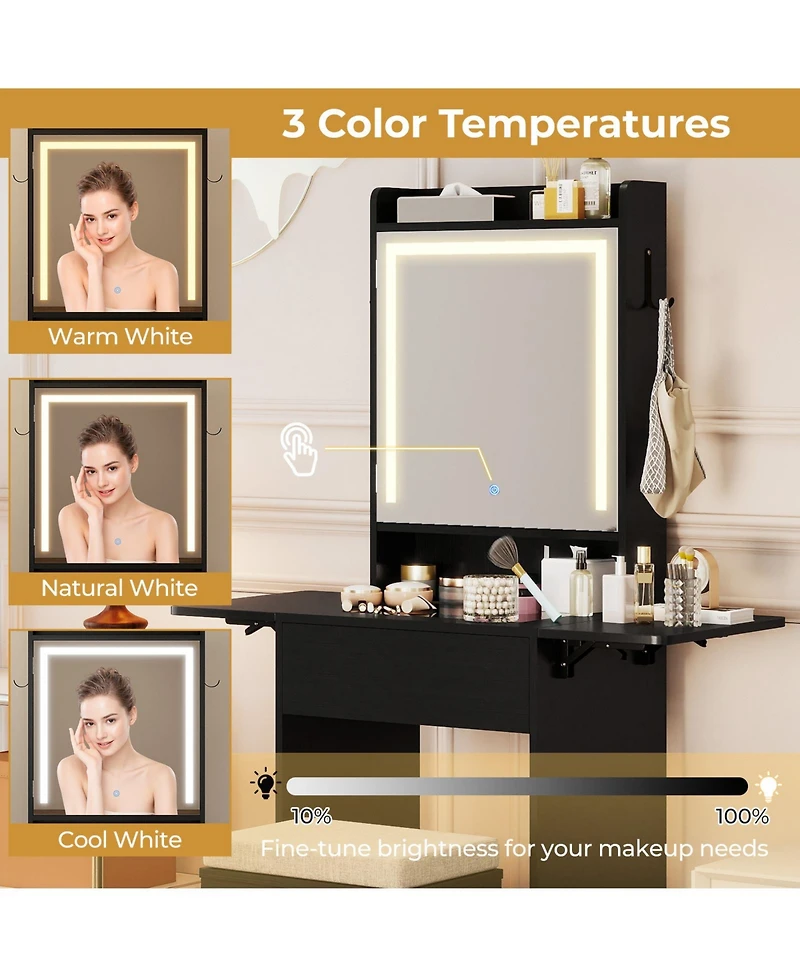 Gouun Space-Saving Vanity Desk with Led Mirror, Drop-Leaf Extension and Stool