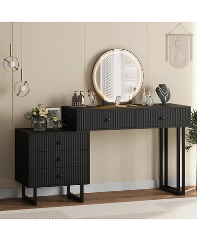 Homfan Makeup Vanity Desk with Mirror Lights, Small Vanity with 5 Drawers,Modern Organizer with 3 Color Lights Adjustable Brightness for Bedroom