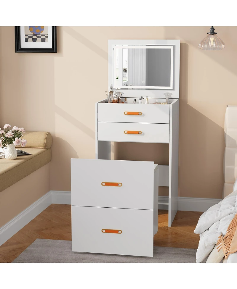Homfan 3-in-1 Compact Vanity Desk with Mirror and Adjustable Led Lights, Dressing Table Set Storage Rolling Chair, For Girls' Bedrooms