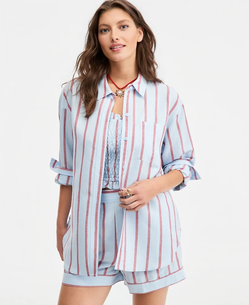On 34th Women's Linen-Blend Relaxed Oversized Button-Down Shirt, Macy's Exclusive