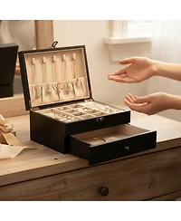 Yigii Rustic Wooden Jewelry Organizer Box for Women Farmhouse Style Solid Wood Linen Lined Multifunctional Holder