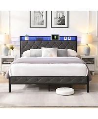 Lucky One Full Bed Frame with Storage Headboard, Charging Station and Led Lights