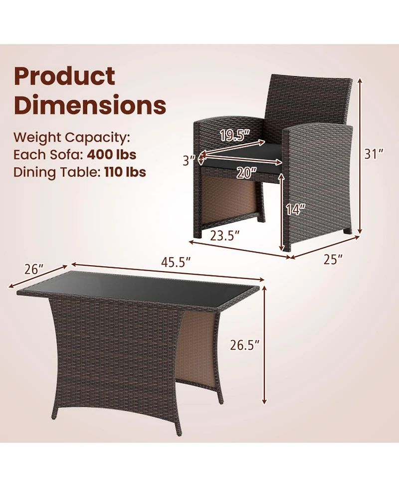 Gouun 3-Piece Patio Wicker Dining Set with Tempered Glass Table and 2 Cushioned Chairs