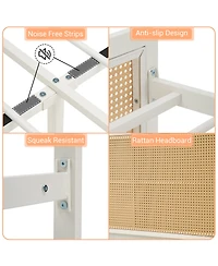 Homfan Bed Frame with Led Lights and Rattan Headboard, Modern Platform Bed