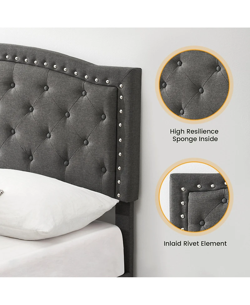 Homfan Queen Size Bed Frame with Adjustable Headboard, Upholstered Platform Bed with Wooden Slat