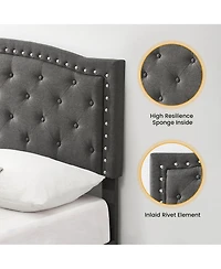 Homfan Queen Size Bed Frame with Adjustable Headboard, Upholstered Platform Bed with Wooden Slat