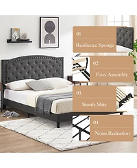 Homfan Queen Size Bed Frame with Adjustable Headboard, Upholstered Platform Bed with Wooden Slat