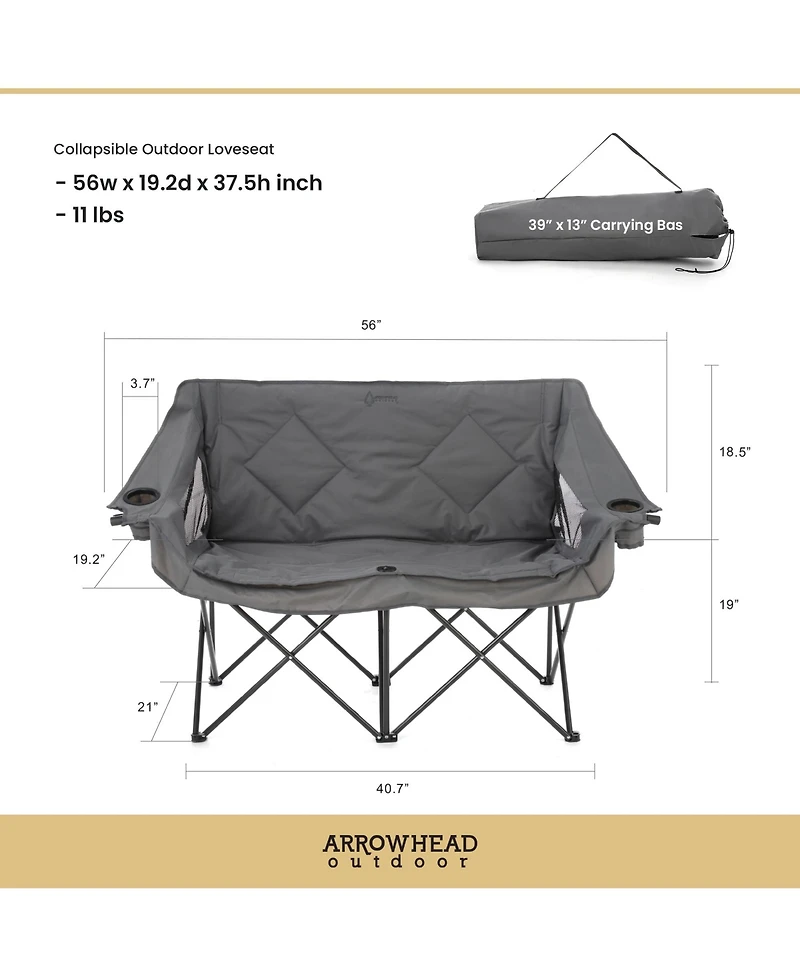 Arrowhead Outdoor Portable Folding Double Duo Camping Chair Loveseat Couch w/ 2 Cup and Wine Glass Holders, Supports 650 lbs