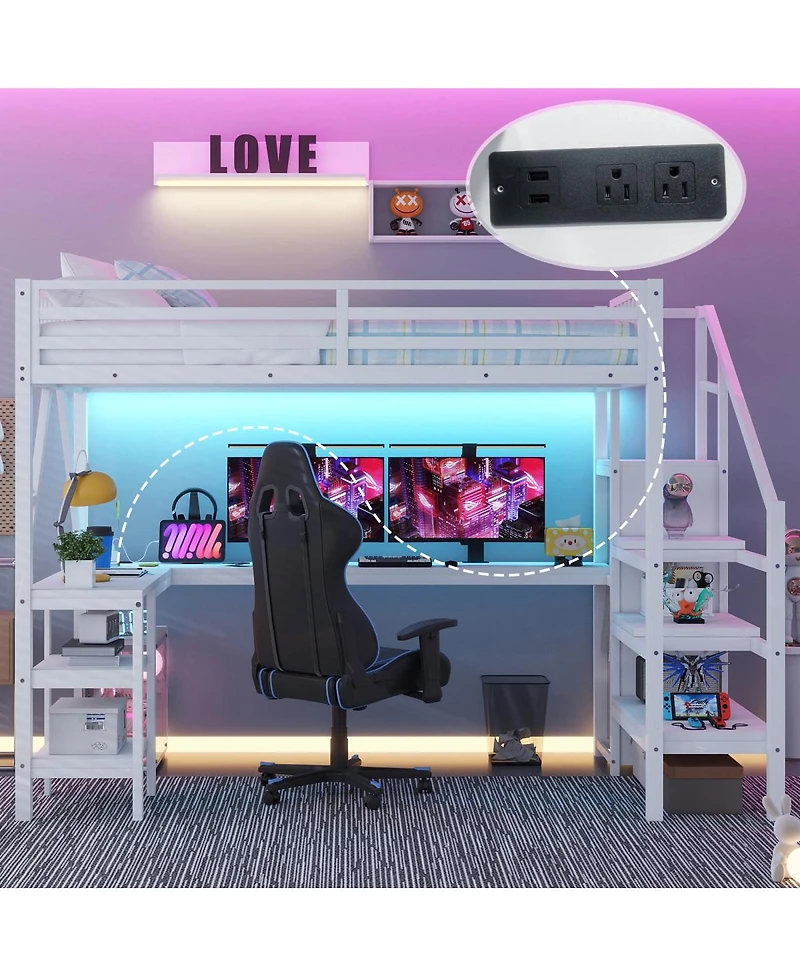Streamdale Furniture Full Loft Bed Wardrobe, Desk and Led Light