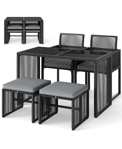Gouun 5-Piece Outdoor Wicker Conversation Set with Chairs, Ottomans, and Table