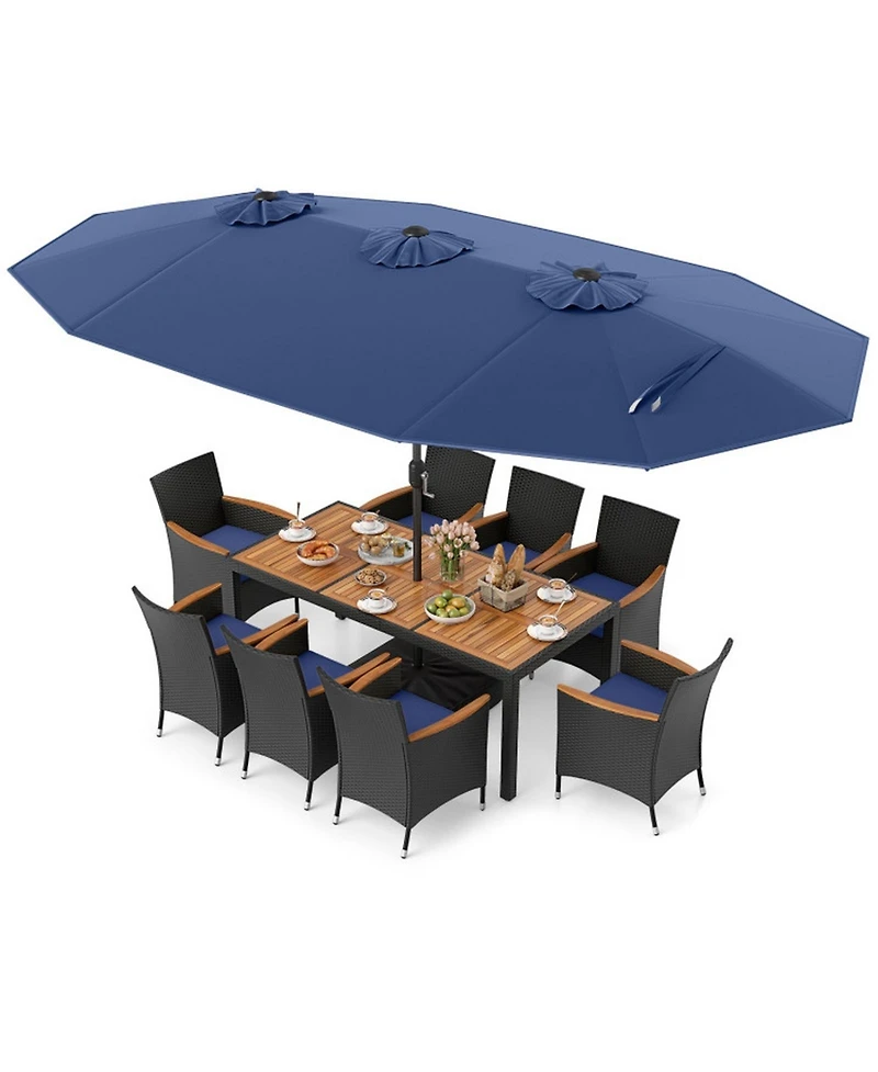 Gouun 10-Piece Patio Dining Set with 15 ft Double-Sided Umbrella, Table and 8 Cushioned Chairs