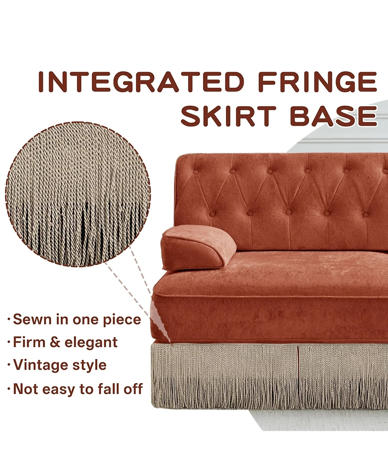 Rainsken Velvet Loveseat Sofa, Mid-Century Inspired Upholstered Couch with Button Tufted Back and Floor-Grazing Tassel Skirt Living Room