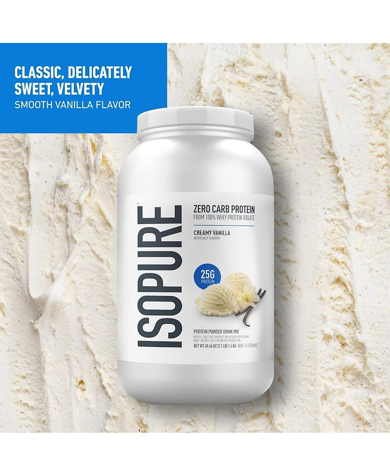 Isopure Zero Carb Pure Whey Isolate Protein Powder, Lactose Free, Gluten Free, Vitamins, Creamy Vanilla, 25g Protein Per Serving, 44 Servings