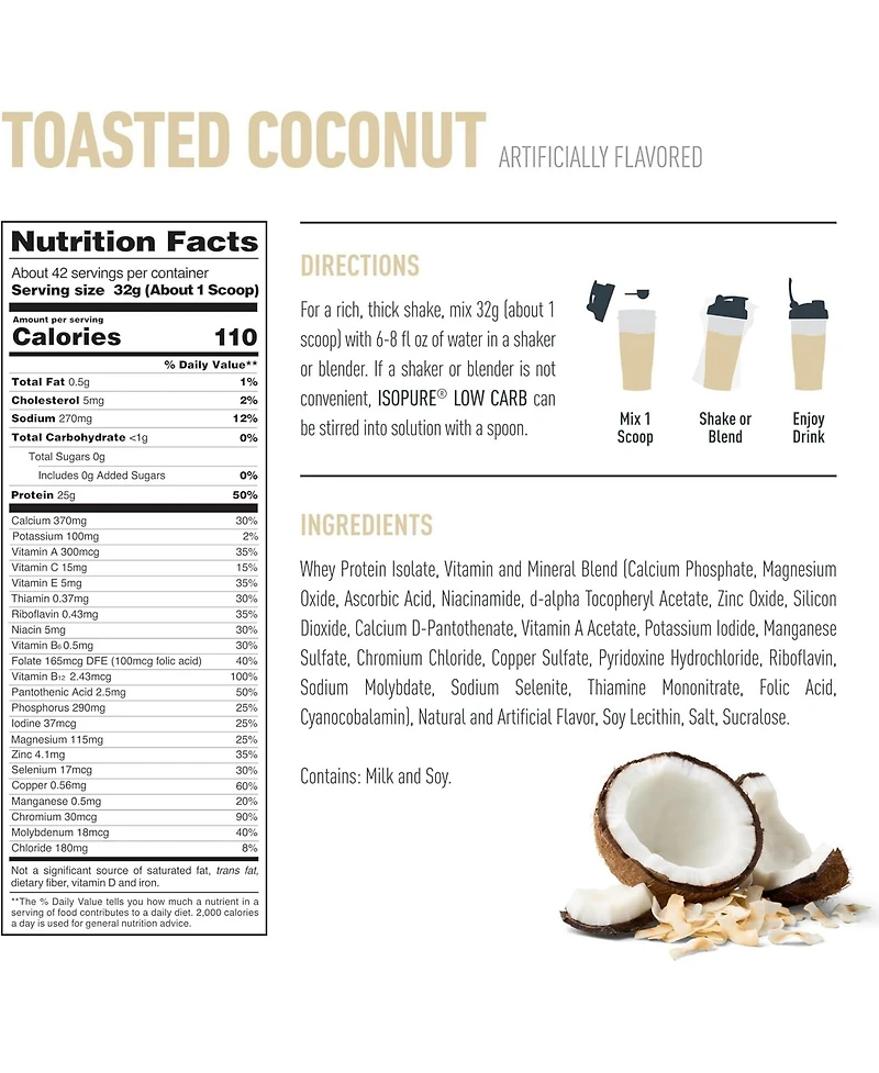 Isopure Low Carb Pure Whey Isolate Protein Powder, Lactose Free, Gluten Free, Vitamins, Toasted Coconut, 25g Protein Per Serving, 42 Servings