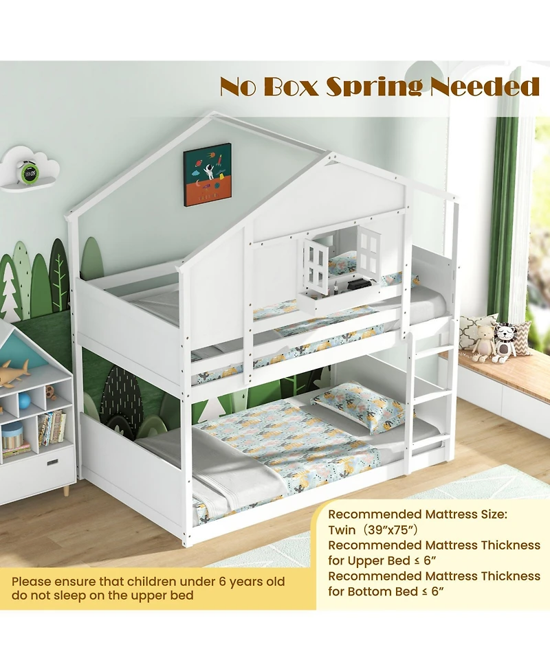 Gouun Twin Over Twin House-Shaped Bunk Bed with Roof, Lockable Window and Storage