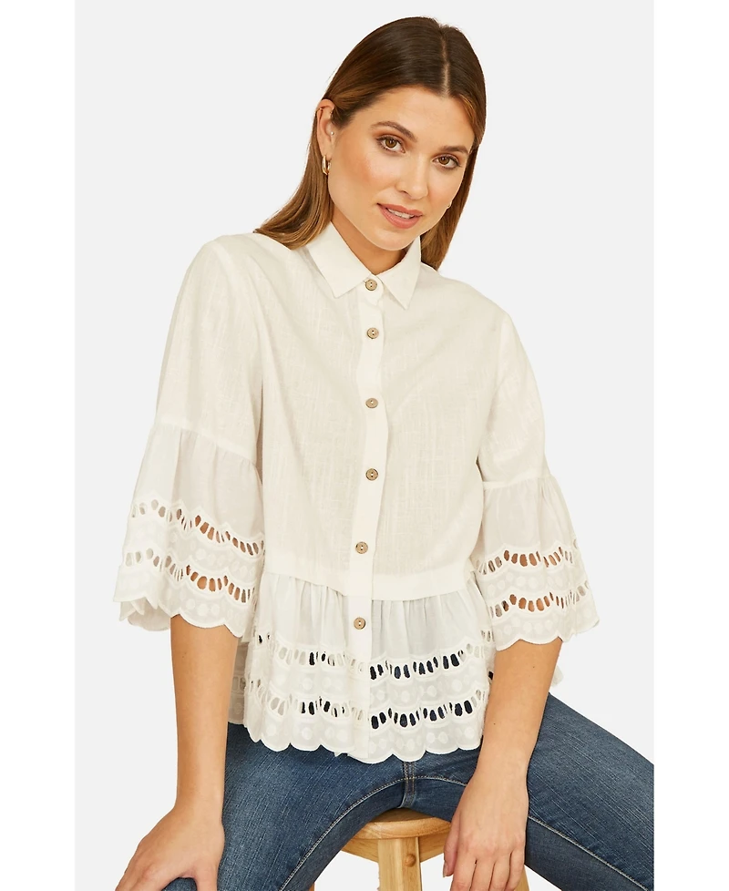 Yumi Women's 34 Sleeve Relaxed Scallop Trim Shirt