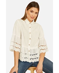 Yumi Women's 34 Sleeve Relaxed Scallop Trim Shirt