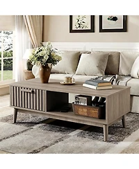 gaomon 39.4" Mid Century Modern Coffee Table with Storage, 2-Tier Fluted Rectangle Center Table with Drawer, Open Shelf and Wood Legs for Living Room
