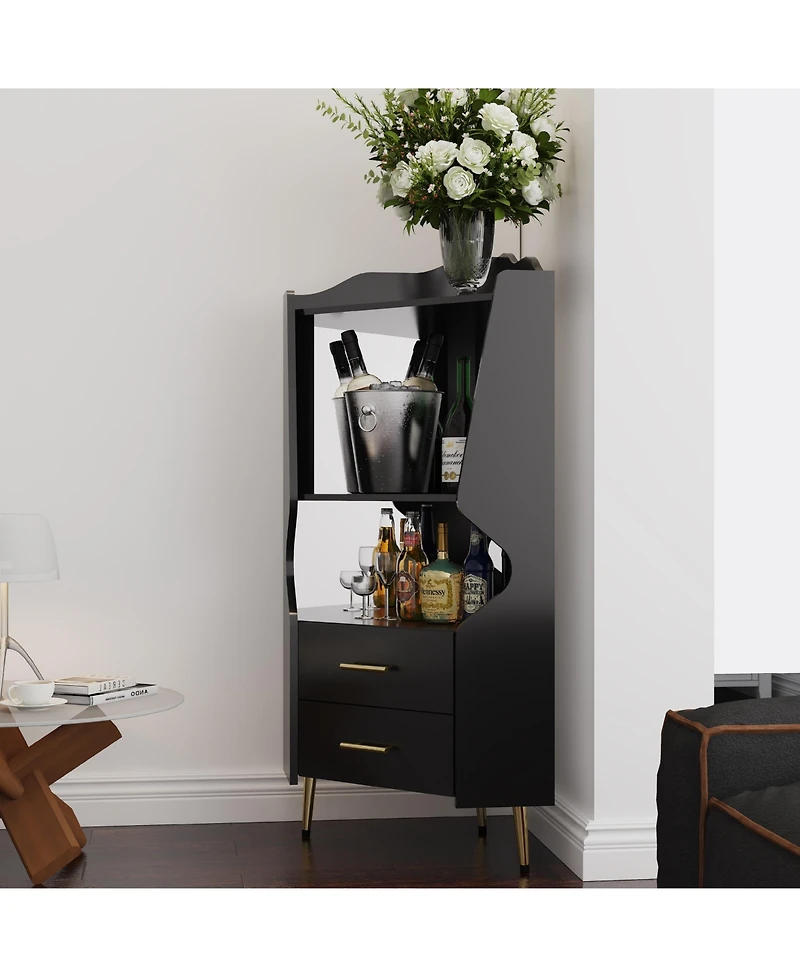 Flynama Wooden Corner Bar Cabinet with Mirrored Back and 2 Drawers