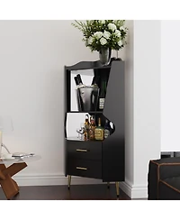 Flynama Wooden Corner Bar Cabinet with Mirrored Back and 2 Drawers